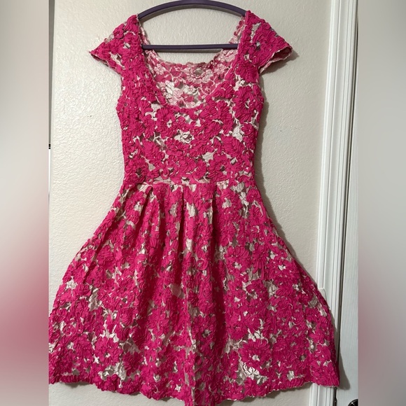 Yoana Baraschi Anthropology Fit and Flare Dress. Mesh with Pink Ribbon Overlay. - Picture 3 of 16